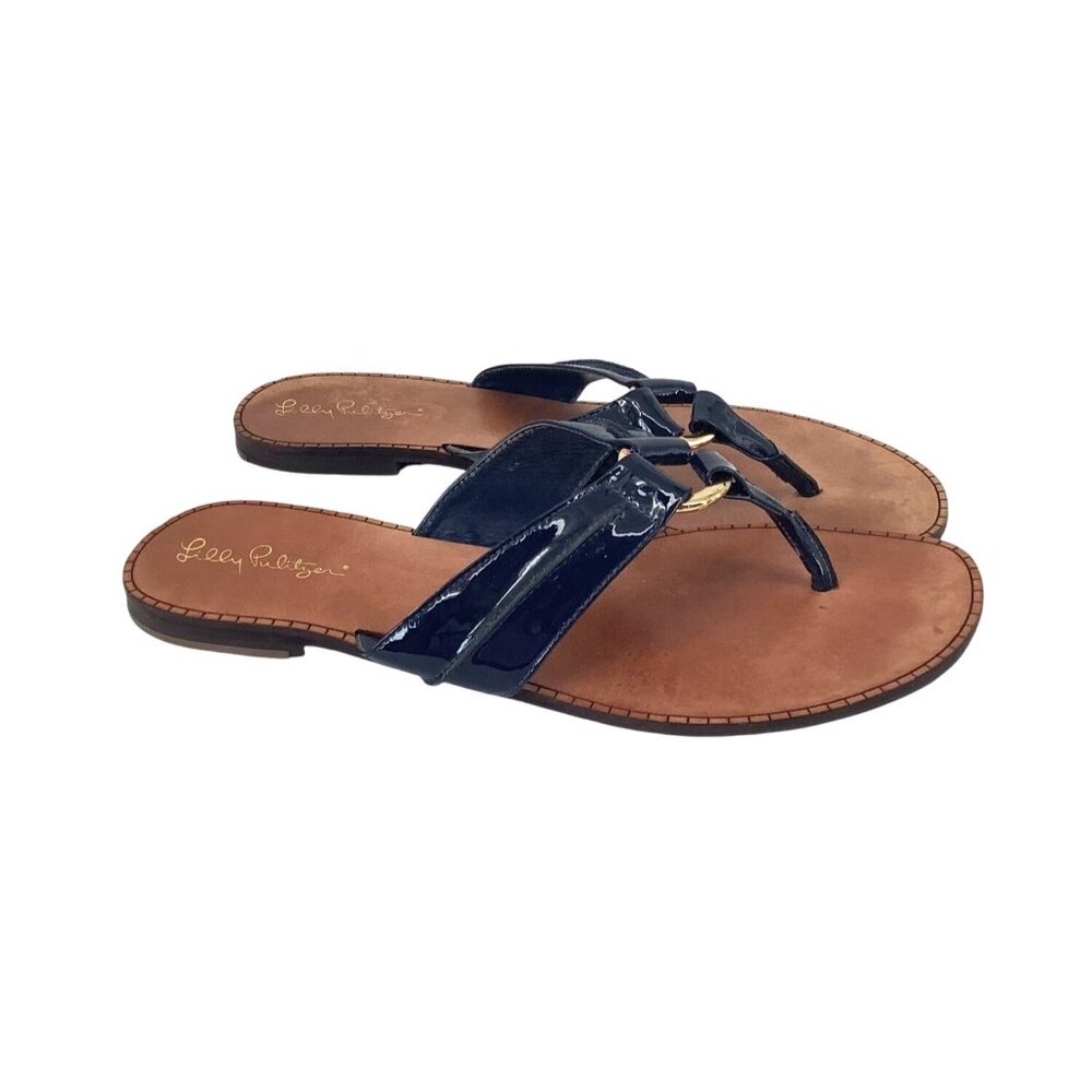 Lilly Pulitzer McKim Sandal True Navy Blue & Brown Leather Upper 10M - Picture 2 of 6